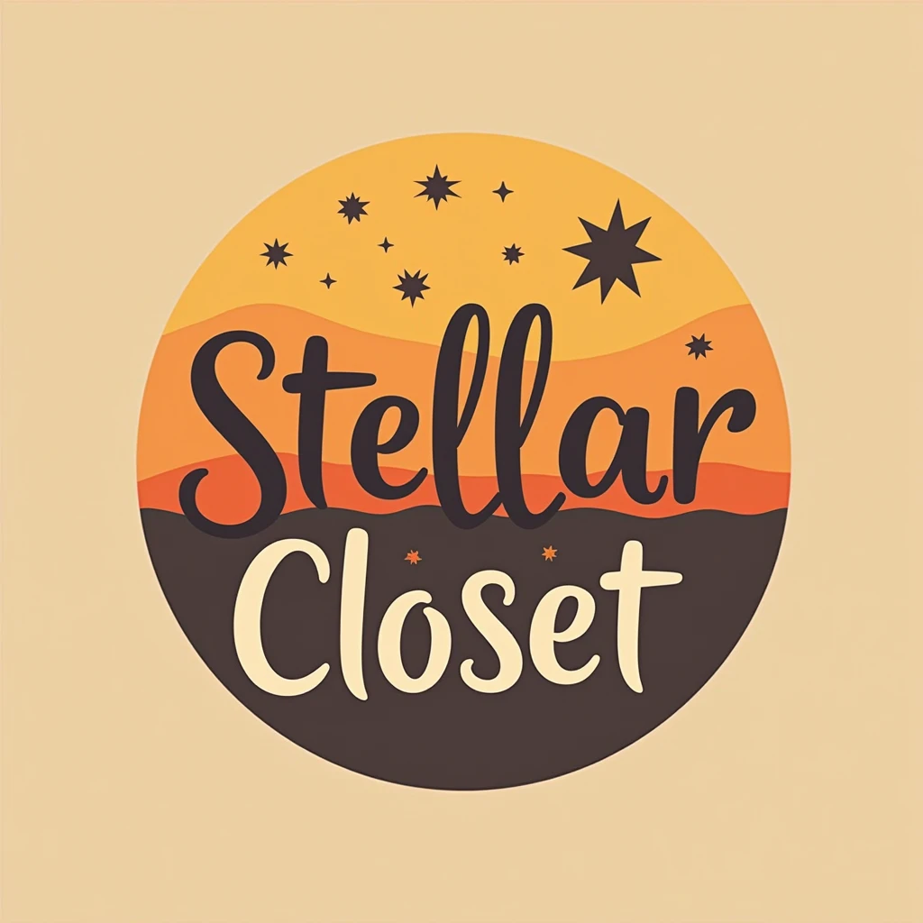 Create a logo that bears the name Stellar Closet and displays some icon that represents that clothes are sold but with warm colors.
