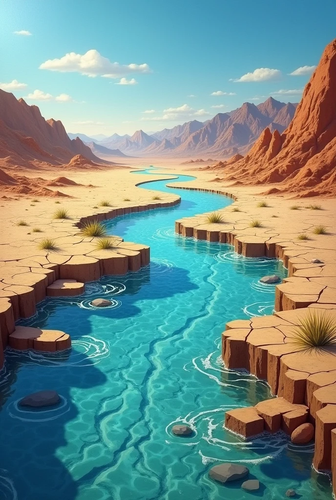 Create an image ON A WALL a texture that resembles crystal clear water or flowing rivers. Around the word, represent a dry and arid land scenario, but with small streams beginning to spring up, symbolizing the promise of renewal and blessing.