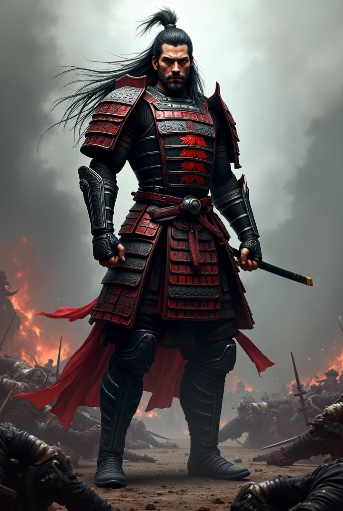 guerrero (masculine) muscular with black and red samurai armor, without helmet and with long hair,  with red Japanese dragons on the armor, in the middle of a battlefield with all his enemies dead, and with a very threatening look 