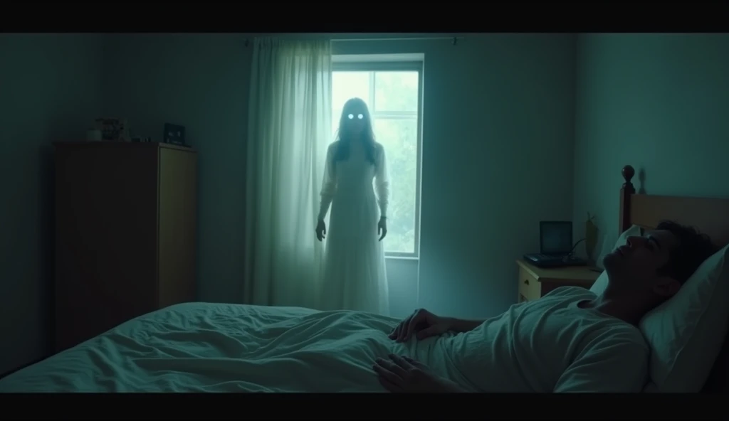 Create a horror video scene that begins with a quiet, eerie morning in a dimly lit bedroom. Show Muni waking up, looking disoriented and frightened. As he recounts his chilling experience, include flashback sequences of the previous night, where a ghostly woman in a flowing white saree appears outside the window, her eyes gleaming with an otherworldly glow. Portray her beckoning Muni to come closer, and build suspense as he hesitantly approaches the window. Finally, depict the moment she floats towards him, reaching out to grab his neck, before abruptly cutting to Muni waking up in a panic. Use haunting sound effects and unsettling music to amplify the tension and fear throughout the video.