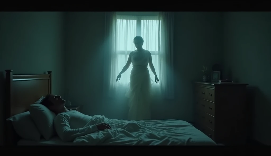 Create a horror video scene that begins with a quiet, eerie morning in a dimly lit bedroom. Show Muni waking up, looking disoriented and frightened. As he recounts his chilling experience, include flashback sequences of the previous night, where a ghostly woman in a flowing white saree appears outside the window, her eyes gleaming with an otherworldly glow. Portray her beckoning Muni to come closer, and build suspense as he hesitantly approaches the window. Finally, depict the moment she floats towards him, reaching out to grab his neck, before abruptly cutting to Muni waking up in a panic. Use haunting sound effects and unsettling music to amplify the tension and fear throughout the video.