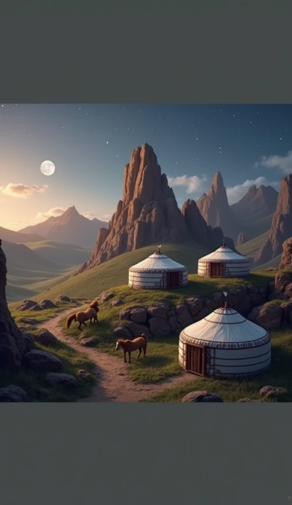 The camera pans outside to reveal the rugged terrain typical of Central Asia. Traditional Mongol yurts are scattered across the landscape, with a few horses grazing nearby. The night is peaceful, with the moon casting a soft glow over the valley.