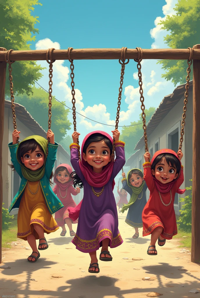 Generate image of Pakistani kids girls
playing in 2010 in playground on swings
