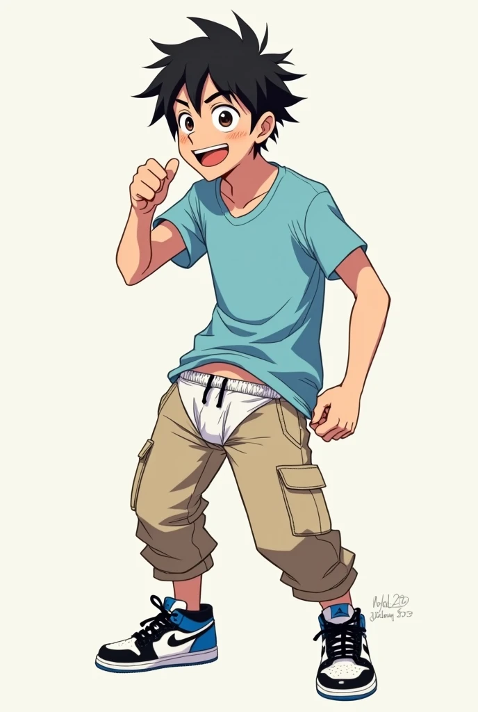 An anime teenager(naruto type) he is wearing a light blue t-shirt, beige cargo pants and blue, black and white air jordan sneakers, he has white skin and black hair and he is taking off his white boxer briefs with a relieved look on his face 