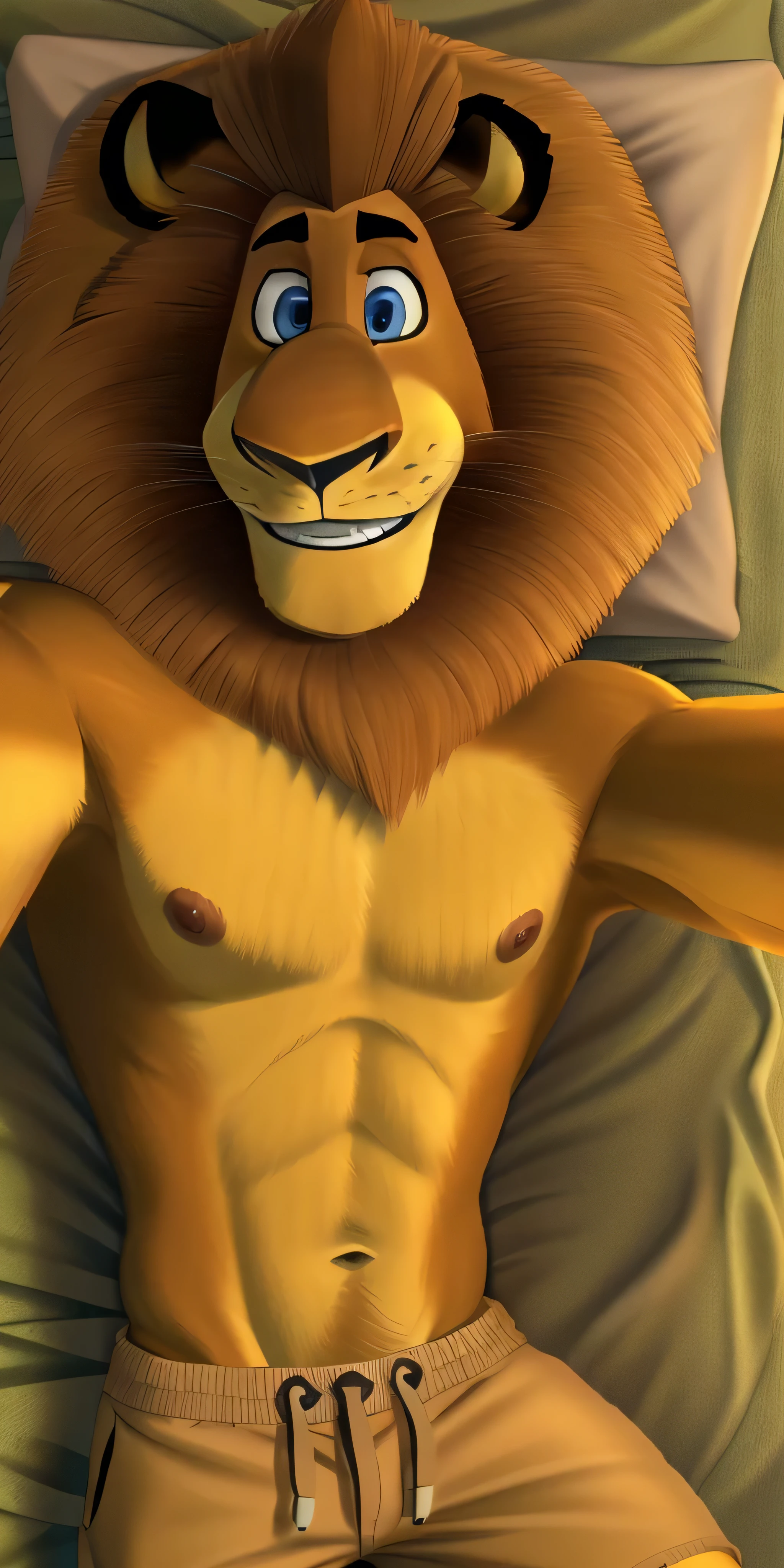 Alex the Lion, muscular body, big biceps, extremely beautiful and cute face, perfectly detailed blue eyes with perfectly detailed pupils, wears light green sweatshirt, beige cargo shorts, short socks, lying on the bed, room background, selfie, friendly look, smile