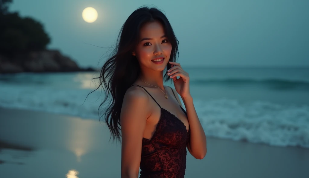 8K, ultra-realistic, hyper-realistic, photorealistic, masterpiece, ultra-detailed, natural lighting, HDR, professional rendering, sharp focus, true-to-life colors, textured surfaces: Create an image of a single, confident 2 Filipina woman with an hourglass body shape, slightly curvy, standing at 5'4". She has fair skin, long and thick hair, and a small heart-shaped face with subtle cheekbones and a rounded chin. Her nose is delicate, pointy, and . She is standing still on a seashore with the moonlight shining on the water, creating a shimmering reflection. She is wearing a sexy and alluring evening dress that hugs her curves, with a deep neckline, high slit, or sheer details to enhance the seductive look. The dress is in a rich, captivating color, such as deep burgundy, royal blue, or emerald green. The camera captures a close-up shot of her with one arm gracefully extended or resting by her side, with her other hand gently touching her face or adjusting her dress. Her expression is relaxed and confident, with a warm, inviting smile. The moonlight casts a gentle glow on the scene, adding a romantic and serene ambiance to the tranquil seashore setting.