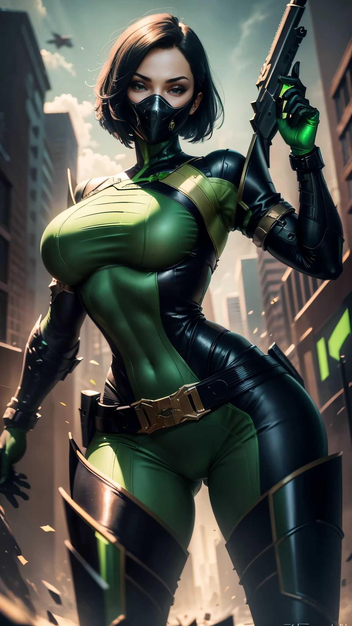 Viper da valorant,(best qualityer,4K,8k,high resolution,work of art:1.2)(weather: windy),city battle background, green and black body suit, face mask, goth makeup, thigh high boots, belt,short hair,ultra detailed,realisitic,portraite,beautiful detailed green eyes,beautiful detailed lips,extremely detailed eye and face, long eyelashes,sexly,average,large breasts,beaming smile,powerful girl in battle, shooting pose, stunning curves,bright coloured,dramatic lighting, holding a rifle,