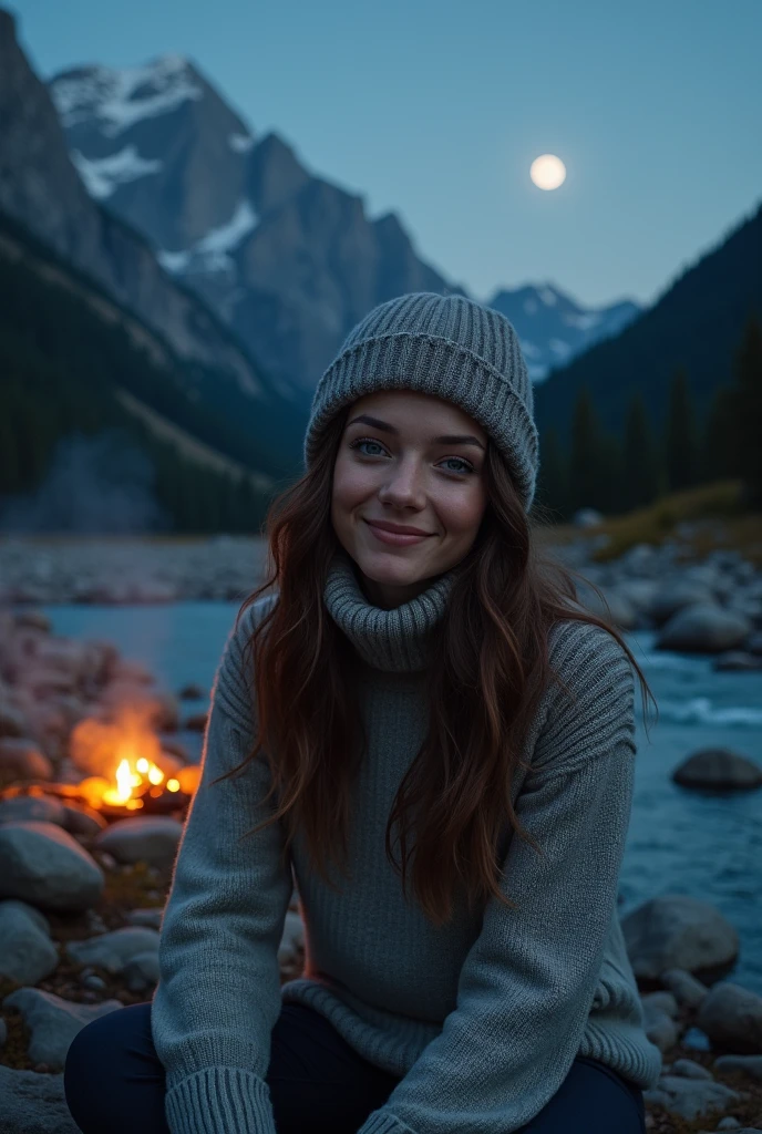 photorealistic, best quality, hyper detailed, beautiful woman, selfie photo, upper body, solo, wearing pullover, outdoors, (night), mountains, real life nature, stars, moon, (cheerful, happy), sleeping bag, gloves, sweater, beanie, flashlight, forest, rocks, river, wood, smoke, fog, clear sky, analog style, looking at viewer, skin texture, film grain, close up, ultra high res, best shadow, RAW, instagram LUT