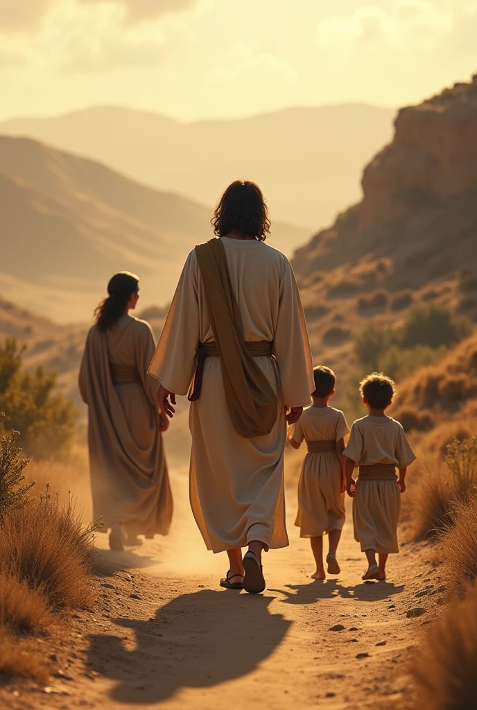 Jesus with his back turned leading a family 
