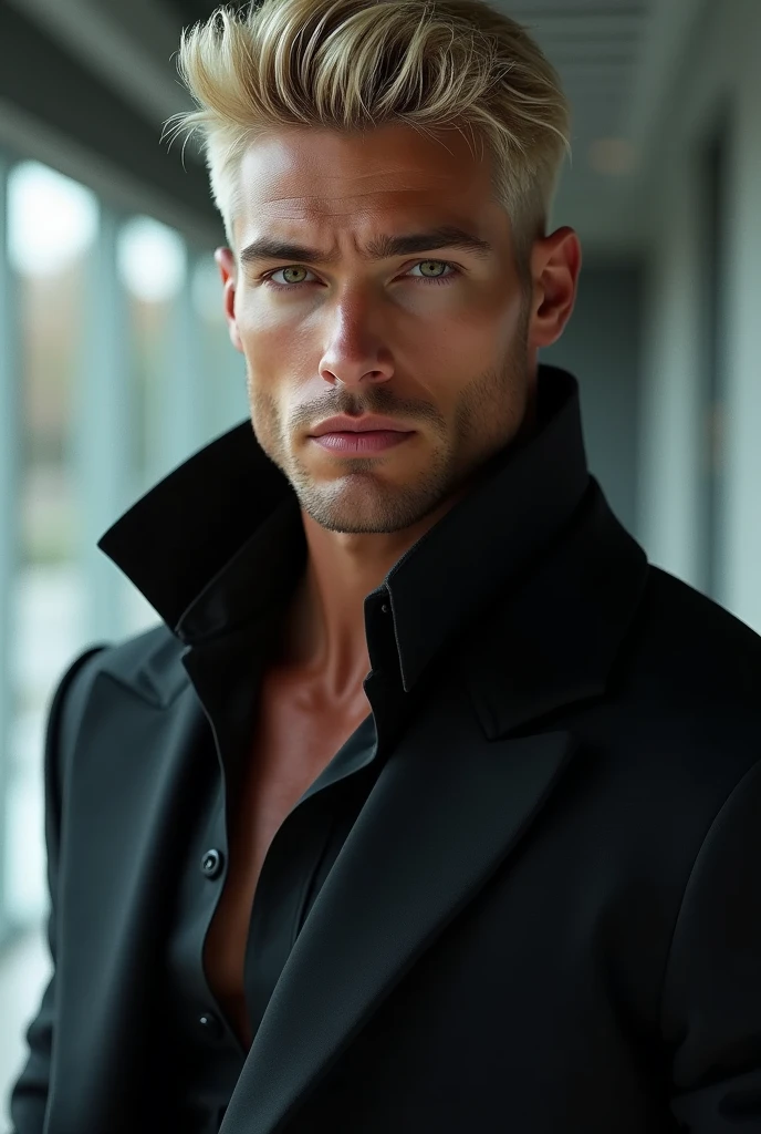 fot, masculine perfection, strong chin, fleshy lips, roman nose, short blonde hair, hazel eyes, hyperrealisti, 8k-v4 . Modern fashion haute couture futuristic fashion. Modern black clothing