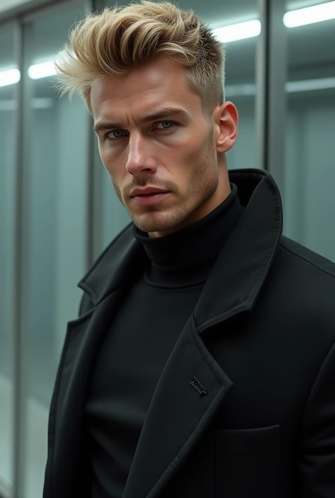 fot, masculine perfection, strong chin, fleshy lips, roman nose, short blonde hair, hazel eyes, hyperrealisti, 8k-v4 . Modern fashion haute couture futuristic fashion. Modern black clothing