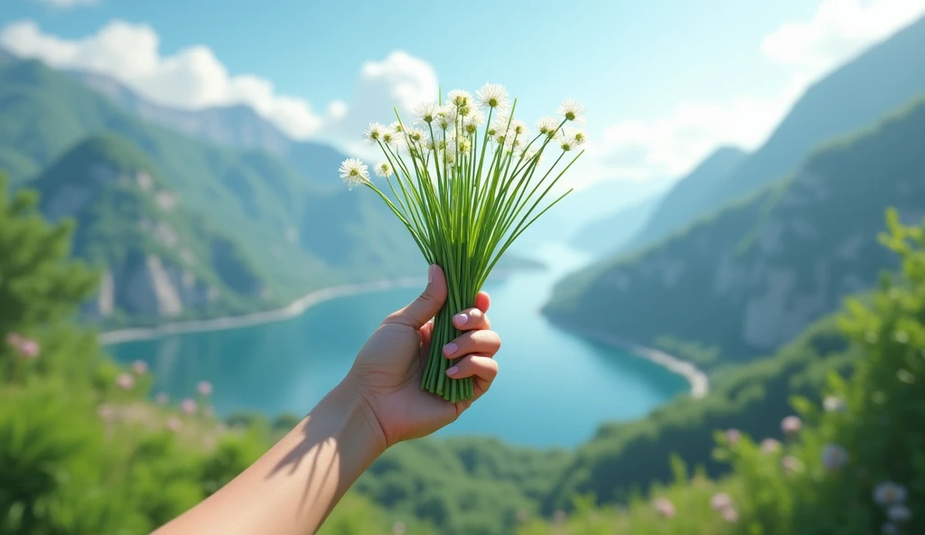 One hand to pick,Chives with green flowers(best quality,4K,8k,High level,masterpiece:1.2),Ultra Detailed,(lifelike,Photo real,Photo real:1.37),Realistic lighting,虚幻引擎4K壁纸,Summer Unreal Engine 5, Beautiful landscape rendering, Mountains and Oceans, Rendered in 8k Unreal Engine,,The most beautiful scenery,Epic shock
