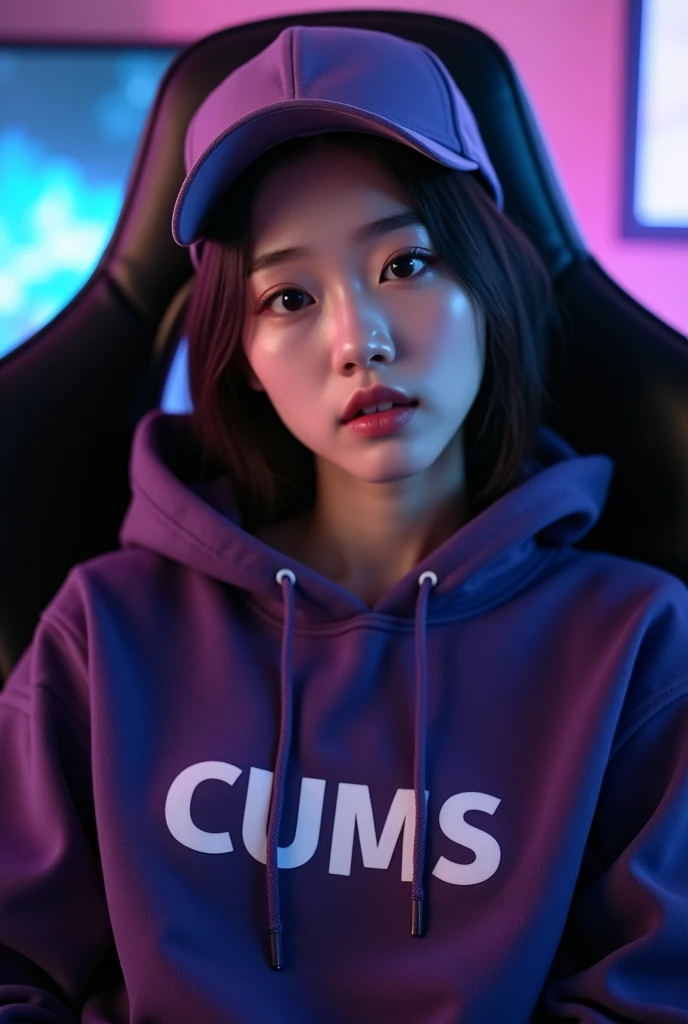 A beautiful white Korean woman sitting on a gaming chair wearing a dark purple polite hoddie while wearing a ball cap with a name on the hoddie " Cums "