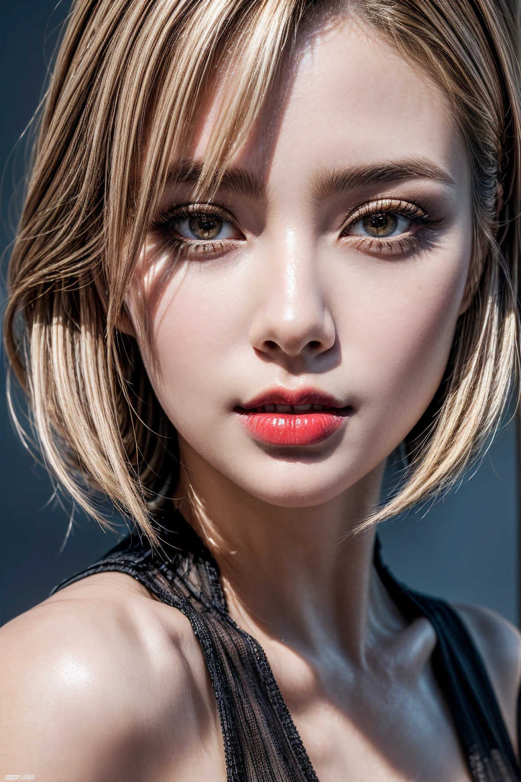 (Make your subject look three-dimensional with the contrast of light and shadow)), Realism, Realistic, ultra realistic details: velvety skin, blonde short slicked to the side hair, symmetrical lips, light glossy red_lipstick, long blue_eyelashes, pupils, BREAK, Caucasian model of, masterpiece, top quality, raw photo, photorealistic, face, incredibly ridiculous, beautiful girl, cute, detailed eyes, arranged hairstyle, depth of field, high resolution, ultra detail, fine detail, highly detailed, highly detailed eyes and face, sharp pupils, realistic pupils, sharp focus, cinematic lighting , cohesive hairstyle, Blonde, Clean clothing, Face closeup, (clear sharp focus, not blurry, Realistic brown_eyes:1.35), Masterpiece, Realistic skin texture, Ultra detailed, Lustrous hair and skin
