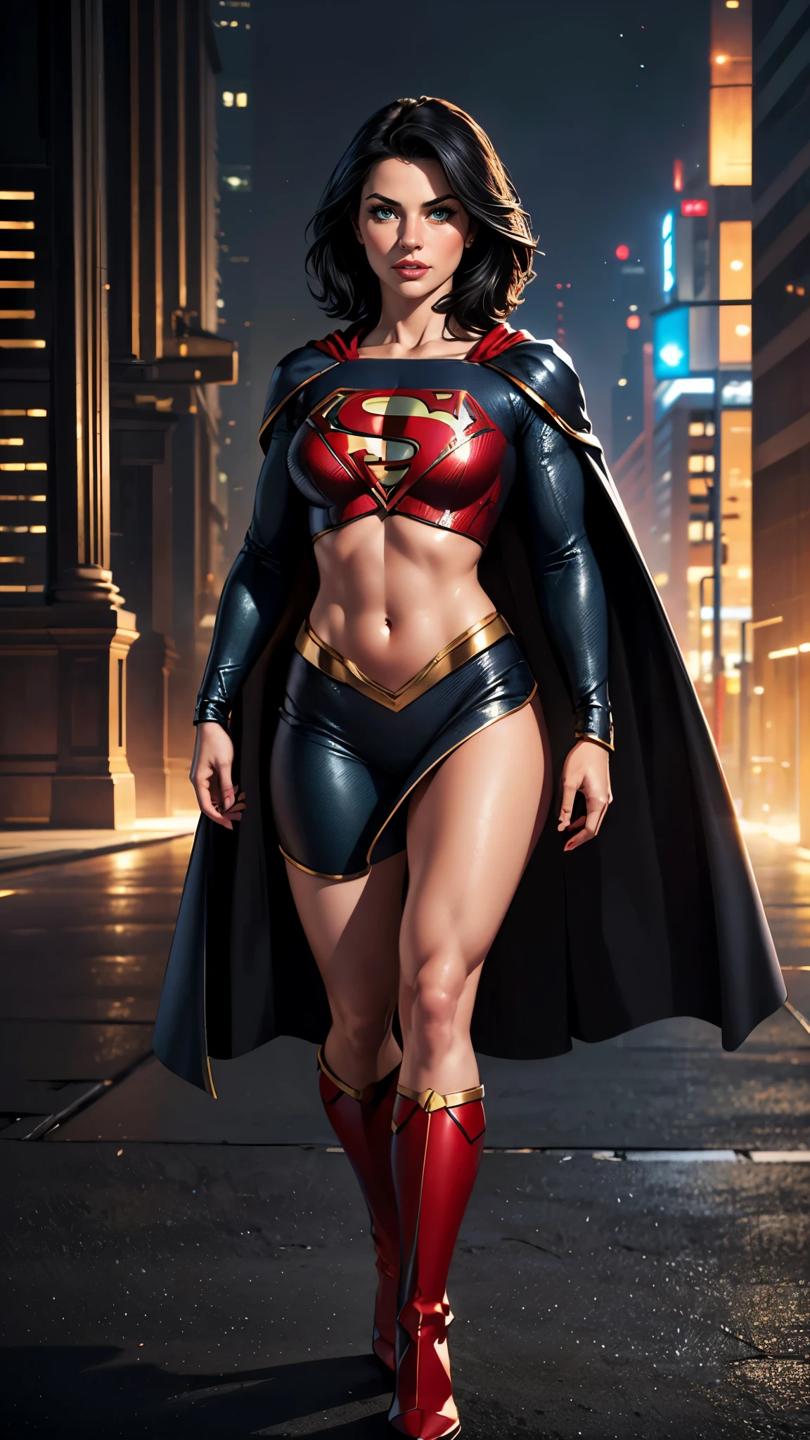 (best quality,4k,8k,highres,masterpiece:1.2),ultra-detailed,(realistic,photorealistic,photo-realistic:1.37), vivid colors, bokeh, HDR, studio lighting, extreme detail description, physically-based rendering, ultra-fine painting, sharp focus, professional, portraits, sexy supergirl, beautiful detailed eyes, beautiful detailed lips, green eyes, short black hair, black and silver outfit, red cape with a midriff, full body, UHD 8K