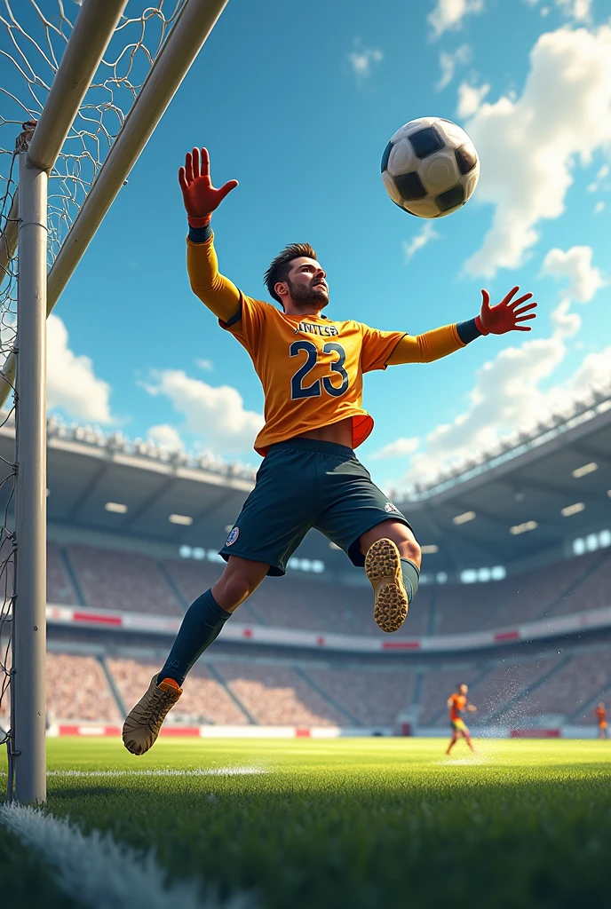 A goalkeeper long jump to the ground for save the football in the front of goalpost. He is a goalkeeper, her jursy name is "Jafor" her jursy name is 23.