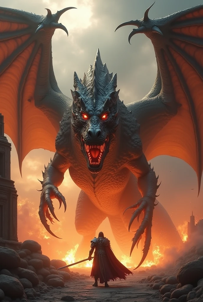 a towering majestic dragon emerging from a swirling inferno, massive wings unfurled, scales shimmering in dark earthy hues, fiery eyes blazing with intensity, powerful clawed limbs, lone figure in silver armor holding sword aloft, smoke and embers, cracked smoldering ground, ancient ruined temple in background, epic scale, dramatic confrontation, extremely detailed dragon face with human-like features, hyperrealistic, 8k, realistic lighting, volumetric fog, award winning, intricate details, dramatic composition, dramatic high contrast lighting, cinematic, concept art style