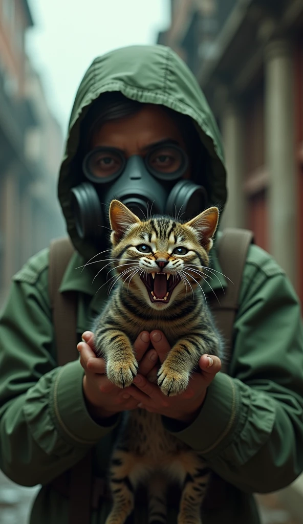 create realistic images A person wearing a gas mask and green clothing is holding a small cat with striking red and black stripes. The cat appears agitated and is showing its teeth, while the background is blurred, suggesting an urban environment.