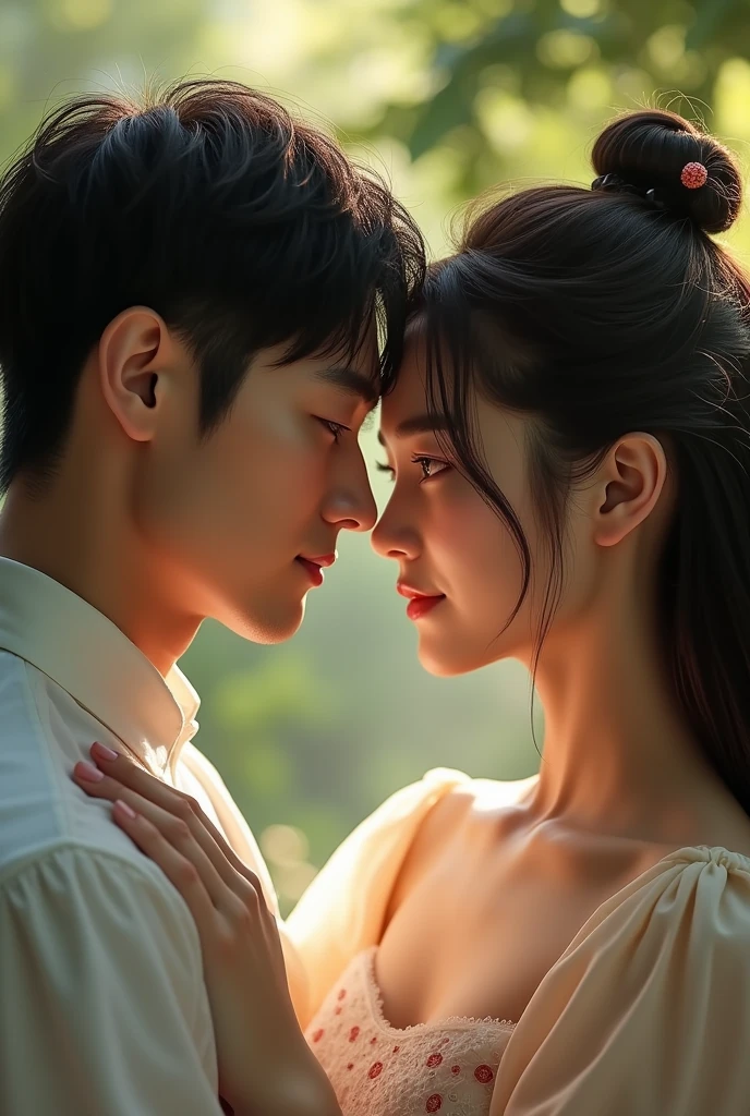 Two handsome twin men and three women in love with them, These people are Korean and they are about 2. It is for the cover of a romantic - dramatic work. Let the image be realistic, there are five people !