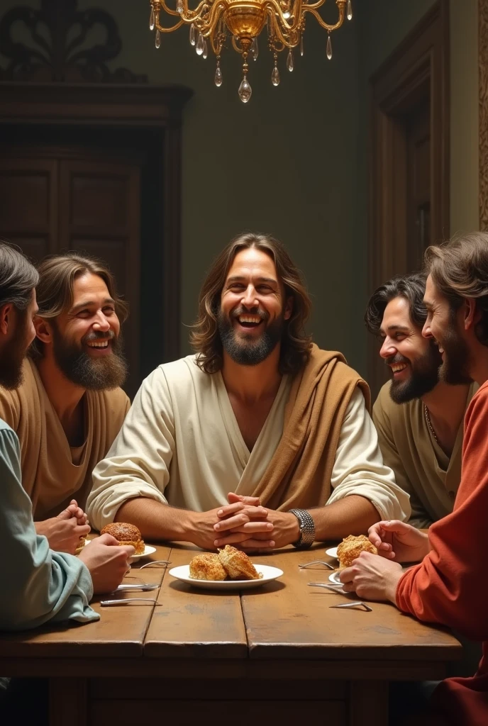 Jesus sur une table avec ses disciplines qui rit
