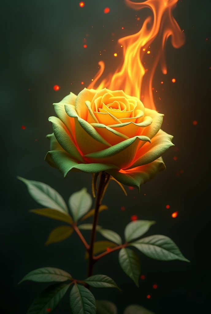 Rose flower is on fire and looks gorgeous and green 