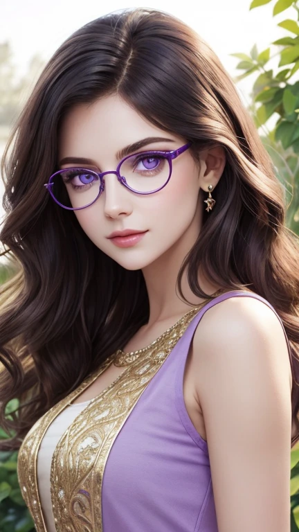 Wear glasses，Gold frame round glasses, Wavy Hair、Very cute face、Long Hair、Soft Light,Sparkling eyes，((Purple Eyes))、Captivating beauty、Attractive adult woman、Beautiful woman、Ultra-high resolution, Realistic,garden、