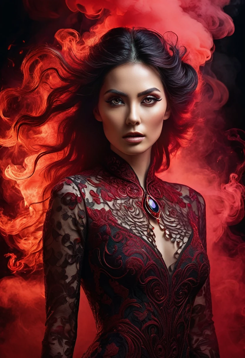 A majestic work of art, a woman, intricately detailed, with an intense, piercing gaze emanating from her singular, striking eye, set against a backdrop of ethereal, swirling red smoke that appears to shift and undulate as if alive, illuminated by a cinematic lighting scheme that casts dramatic, high-contrast shadows and highlights, evoking a sense of mystery and the otherworldly, with each element expertly rendered in exquisite, high-definition detail, exuding a sense of artistic mastery and visual sophistication.
