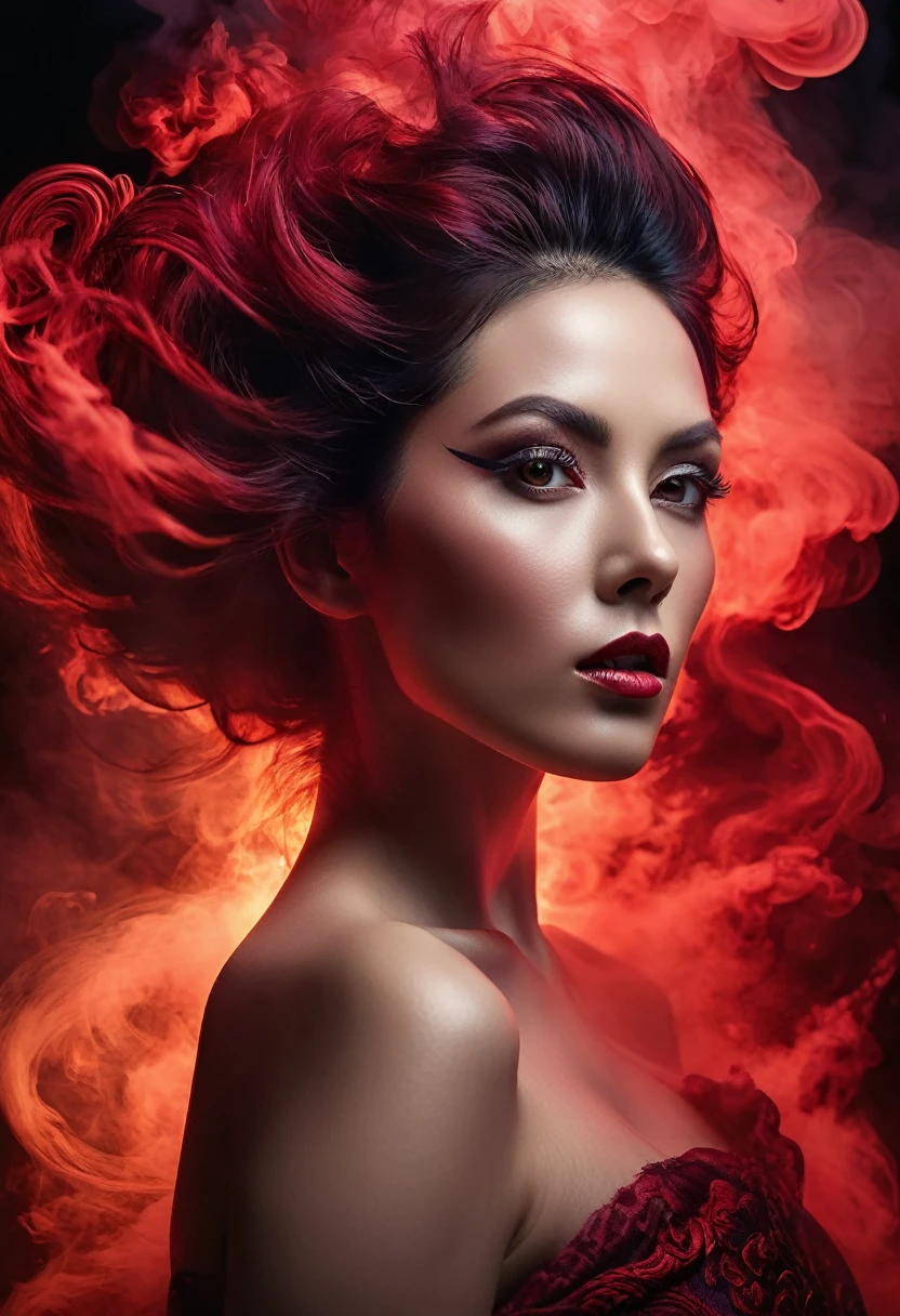 A majestic work of art, a woman, intricately detailed, with an intense, piercing gaze emanating from her singular, striking eye, set against a backdrop of ethereal, swirling red smoke that appears to shift and undulate as if alive, illuminated by a cinematic lighting scheme that casts dramatic, high-contrast shadows and highlights, evoking a sense of mystery and the otherworldly, with each element expertly rendered in exquisite, high-definition detail, exuding a sense of artistic mastery and visual sophistication.