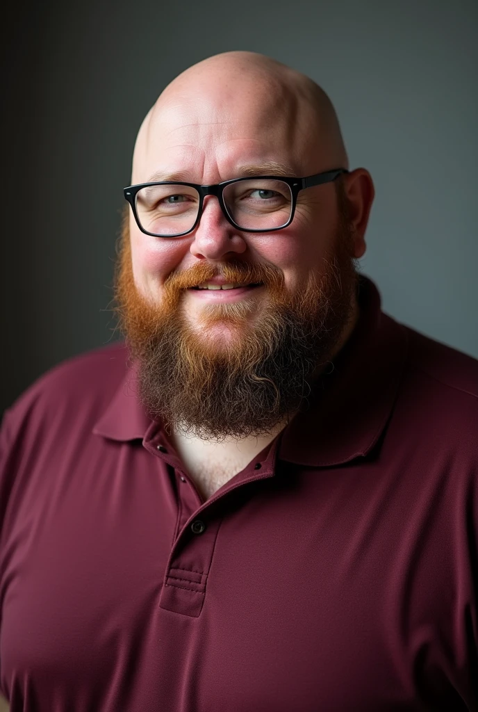 Bald man, bearded, plumpness, WHITE MAN WITH BURGUNDY WINE POLO SHIRT 3 WITH GLASSES 3X4 PHOTO