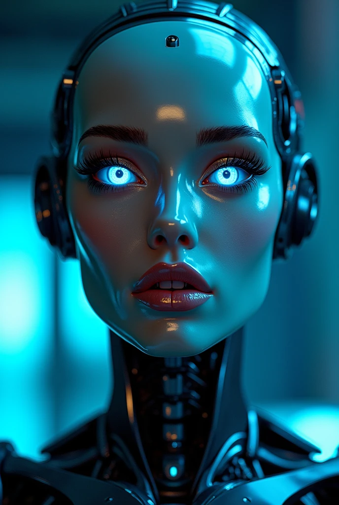 front view, a sexy female robot,glossy metallic body, glowing blue circuitry, beautiful detailed eyes,beautiful detailed lips,extremely detailed face and skin,long eyelashes,seductive pose,intricate mechanical details,futuristic sci-fi setting,dramatic lighting,cinematic composition,(best quality,4k,8k,highres,masterpiece:1.2),ultra-detailed,(realistic,photorealistic,photo-realistic:1.37),highly detailed, cinematic, dramatic lighting,vibrant neon colors