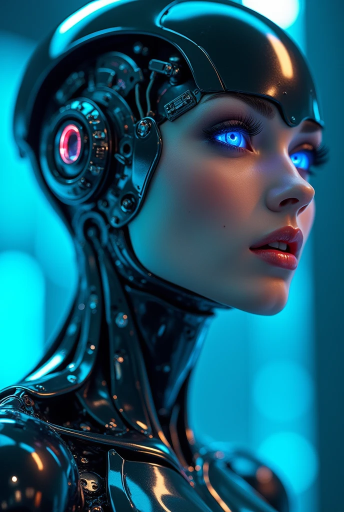front view, a sexy female robot,glossy metallic body, glowing blue circuitry, beautiful detailed eyes,beautiful detailed lips,extremely detailed face and skin,long eyelashes,seductive pose,intricate mechanical details,futuristic sci-fi setting,dramatic lighting,cinematic composition,(best quality,4k,8k,highres,masterpiece:1.2),ultra-detailed,(realistic,photorealistic,photo-realistic:1.37),highly detailed, cinematic, dramatic lighting,vibrant neon colors