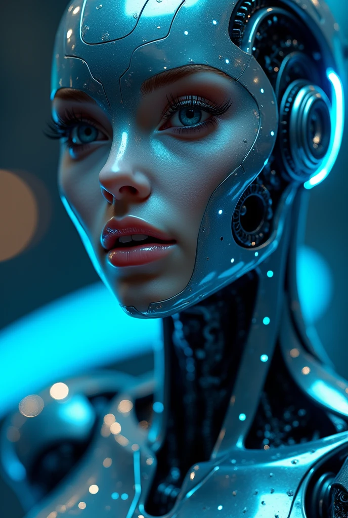 front view, a sexy female robot,glossy metallic body, glowing blue circuitry, beautiful detailed eyes,beautiful detailed lips,extremely detailed face and skin,long eyelashes,seductive pose,intricate mechanical details,futuristic sci-fi setting,dramatic lighting,cinematic composition,(best quality,4k,8k,highres,masterpiece:1.2),ultra-detailed,(realistic,photorealistic,photo-realistic:1.37),highly detailed, cinematic, dramatic lighting,vibrant neon colors