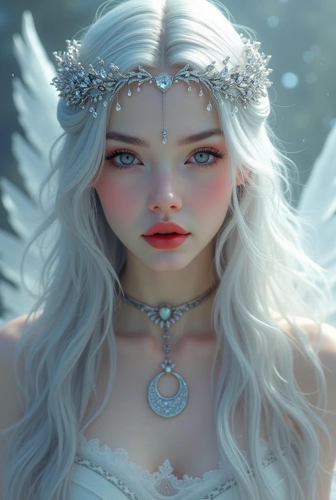 goddess, skin as white as the moon, long silver hair, dull gray eyes, scarlet red lips.
delicate and gentle face, countenance of gentleness. Silver thread crown, with small diamonds.a necklace with a silver half moon and white aura around it