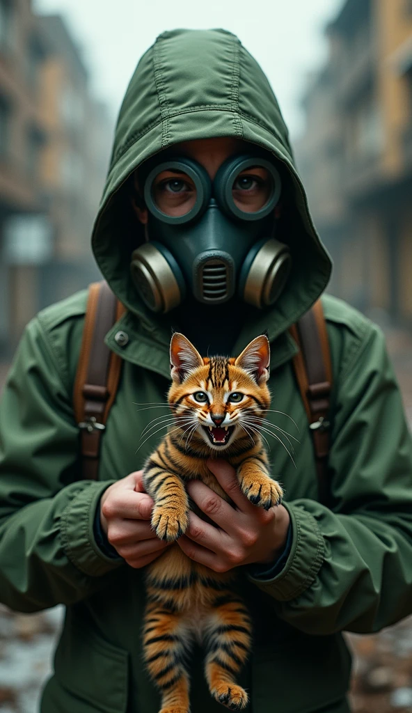 create realistic images A person wearing a gas mask and green clothing is holding a small cat with striking red and black stripes. The cat appears agitated and is showing its teeth, while the background is blurred, suggesting an urban environment.