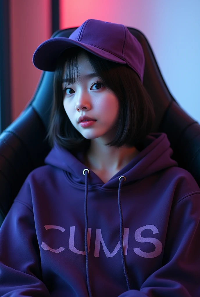 A beautiful white Korean woman sitting on a gaming chair wearing a dark purple polite hoddie while wearing a ball cap with a name on the hoddie " Cums "