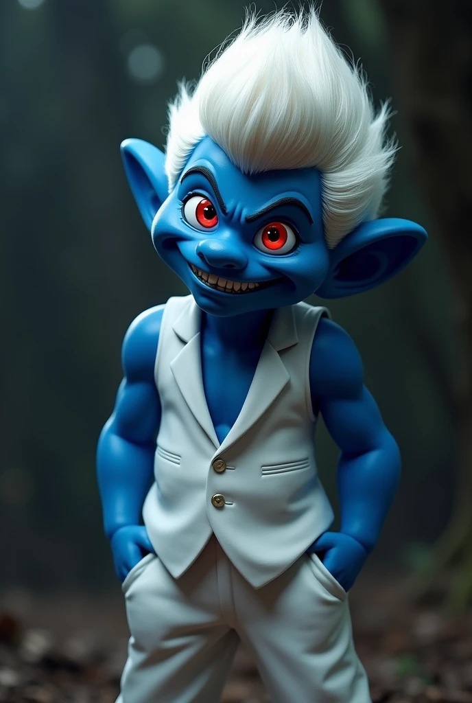 An evil smurf man, But very handsome, with evil smile and red eyes, high, straight white hair and white vest dress and white classic pants