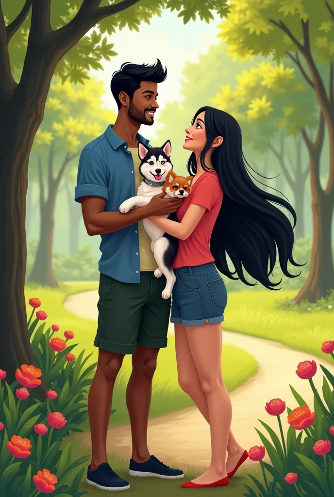 Thin & dark skinned Filipino holding a husky with his white skinned & medium body frame girlfriend with long black hair holding a brown Pomeranian in a park