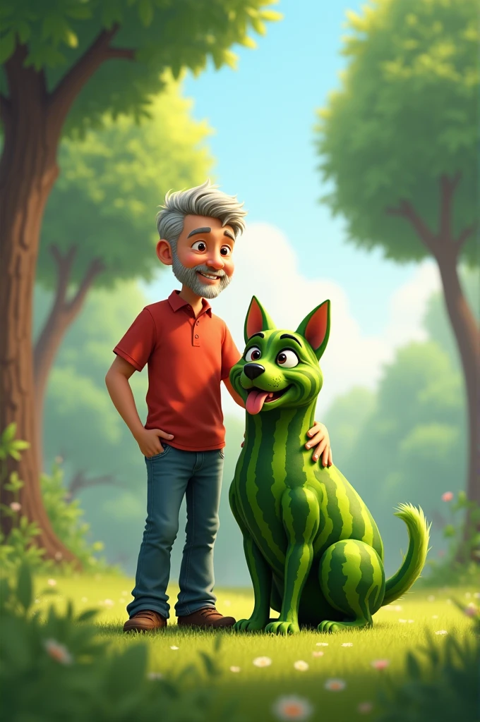 A man with a dog which looks like watermelon