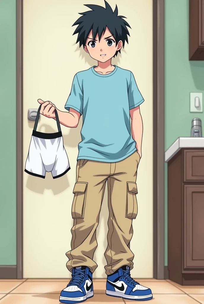 An anime ager(naruto type) he is wearing a light blue t-shirt, beige cargo pants and blue, black and white air jordan sneakers, He has white skin and black hair and he is wearing white boxer briefs that he was holding in his hand with a relieved face.