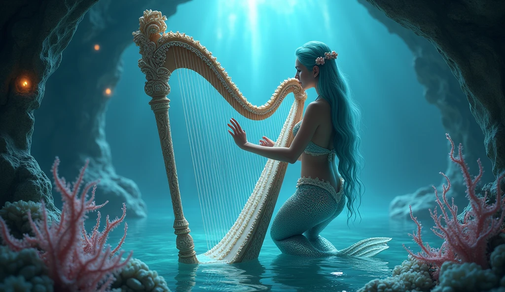 Setting: An enchanting underwater grotto with a serene, moonlit ambiance, where a sensual mermaid plays a delicate harp.
Description: The mermaid has long, flowing aqua-blue hair and is adorned with shimmering seashell accessories. She wears a revealing, iridescent tail with intricate scales that catch the moonlight. Her upper body is partially covered by a translucent, flowing fabric. She plays a beautiful harp made from coral and pearls, surrounded by glowing sea creatures and bioluminescent plants. The background features soft, diffused moonlight filtering through the water, creating a calm and mystical atmosphere. Aim for realistic depiction, make sure photos are at highest resolution (8K)