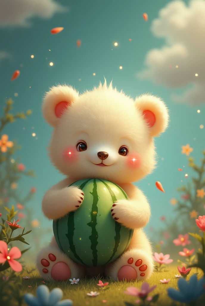 A little bear with a fantasy feel, holding a melon。A fantastic atmosphere。