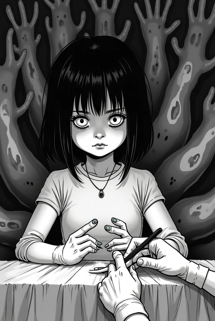 create a junj ito manga style illustration of a girl getting her nails done. in the style of Junji Ito manga, very dark kawaii