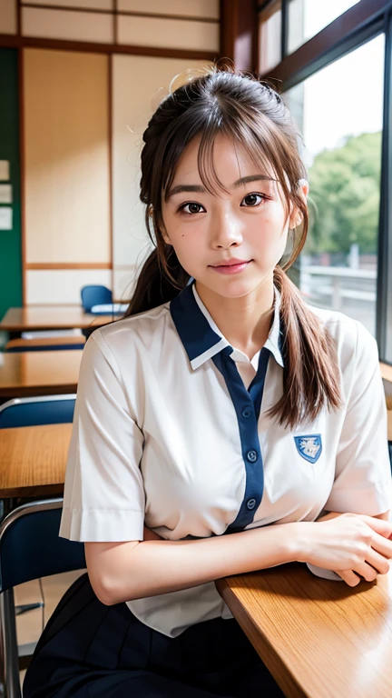 (Beautiful Japanese Women), Cute Face, (Deeply chiseled face:0.7), (freckles:0.6), Soft Light,Healthy white skin, shy, (Serious face), (Sparkling eyes), thin, smile, uniform、classroom、Sitting at a desk、ponytail
