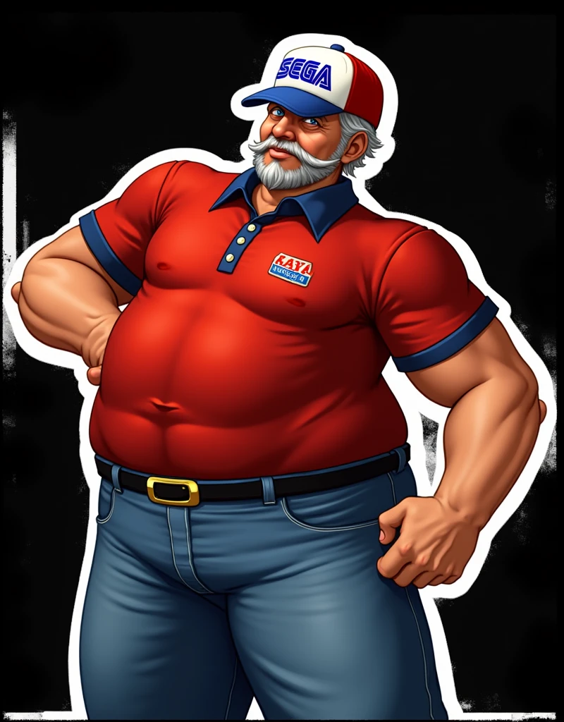 a close up of a man in his 60s wearing a red shirt and blue jeans, as a character in tekken, beefy, realistic textures, jeff bridges with a goatee, best friend smiling at you with encouragement, Out Run 2 flagman, 2 k, 2k, muscular bernie sanders, buff man, character from king of fighters, robust stocky body, hide the pain harold, name of character is flagman, wise face, his cap has a SEGA logo on it, (short GREY hair)