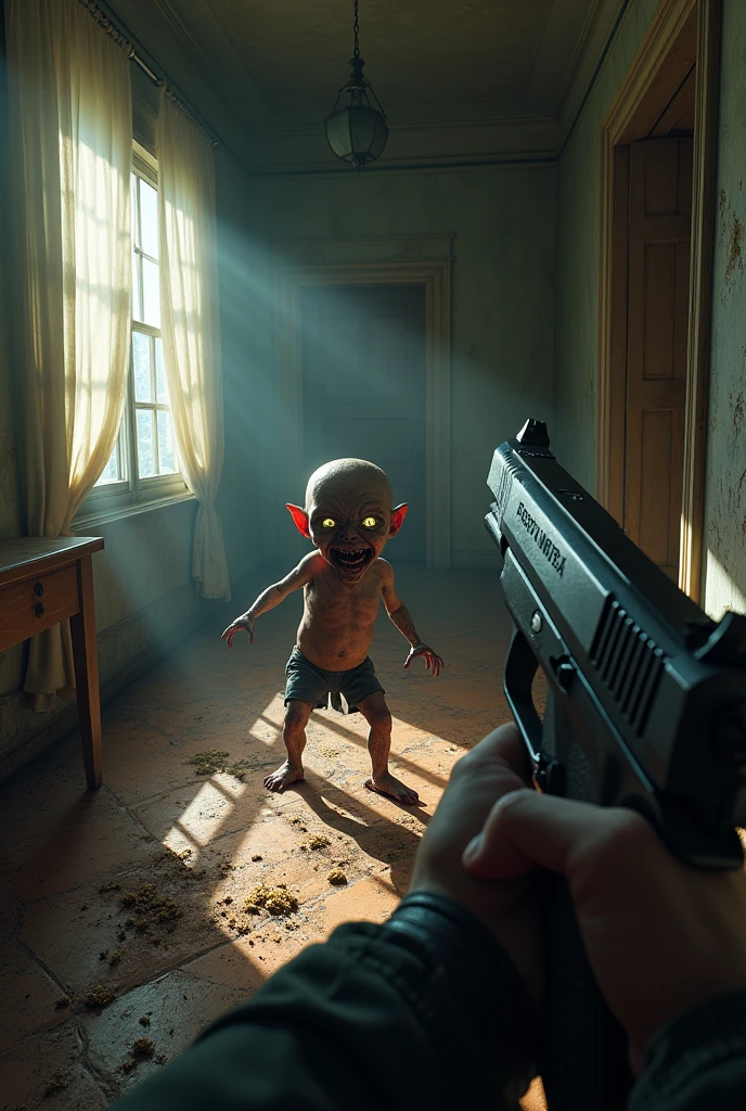 abandoned mansion, first person perspective with a gun shooting at a zombie that is in a room, shot coming out of the gun