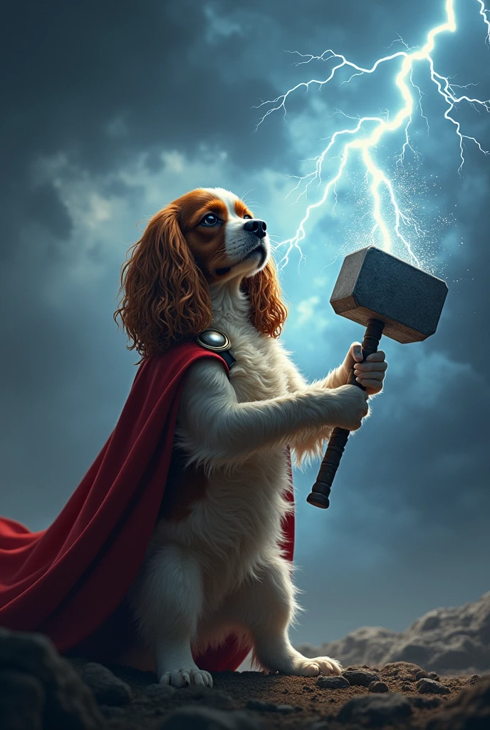 Cavalier dog with a Marvel character Thor hammer pointing to the sky with thunder