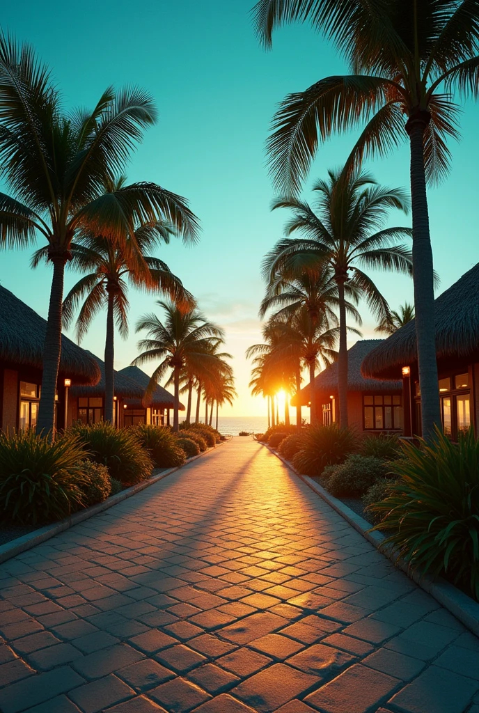vintage photography,palm trees,clear skies,paved walkway,tropical setting,eye-level shot,centered framing,shallow focus,in a mystical island filled with ancient ruins and hidden treasure,neon lights,Earth Tone color palette,rokoko,shot on Fujifilm X-S10 with Fujinon XF 10-24mm f-4 R OIS WR,photo by Karl Blossfeldt