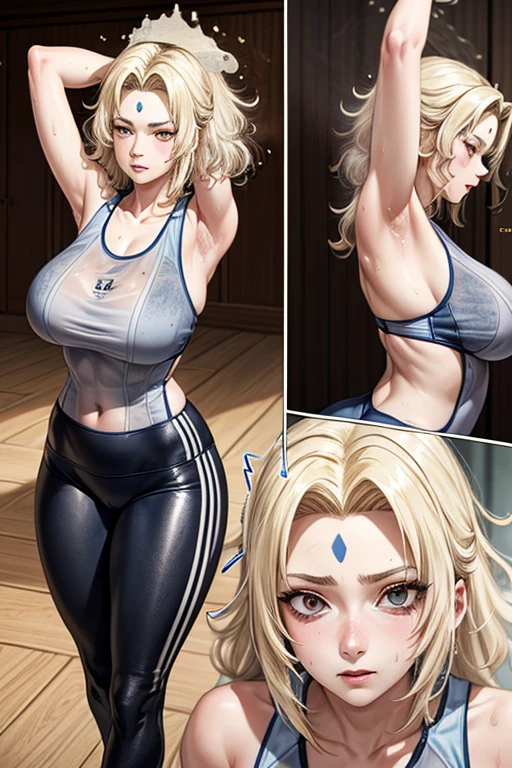 masterpiece, Highest quality,  (Unreal Engine), reality, Super Resolution,  Very detailed, Complex, colorful, Clear images, Sharp focus, Digital Blending, 

One Woman, Senju Tsunade, Tsunade, Forehead mark, Long straight blonde hair, Big Breasts, Saggy breasts, Butt, Perfect Eyes, Perfect Face, Ultra detailed hair, Ultra detailed face, Very detailed lips, Vivid expression, Healthy Body, Beautifully detailed sweat glands, Smooth skin texture, Carefully drawn,

((humidity:1.8), Sticky with sweat), (Wear a tight yoga suit, Bold and sexy yoga poses ,Hot Yoga, Sweat makes yoga suits transparent.),  

indoor, Hot Yoga, (Shot on Sony α9, Dynamic Angle), Browsing Caution, 