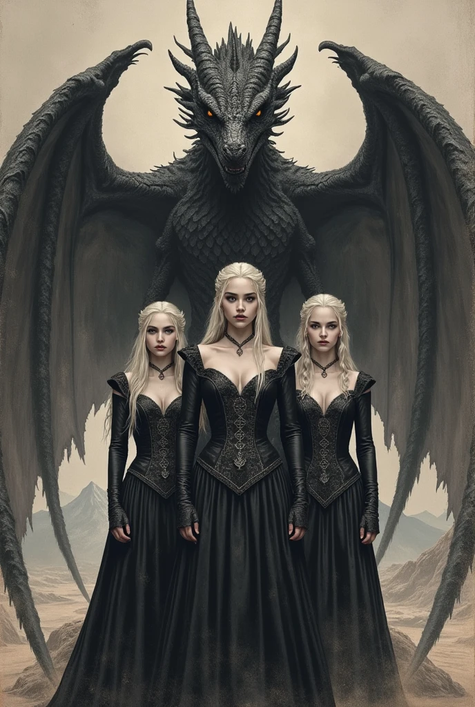 Gothic drawing of Daenerys Targaryen actresses along with Rhaenyra Targaryen and Rhaenys Targaryen in ancient Valyria, behind them the dragon Balerion the black terror
