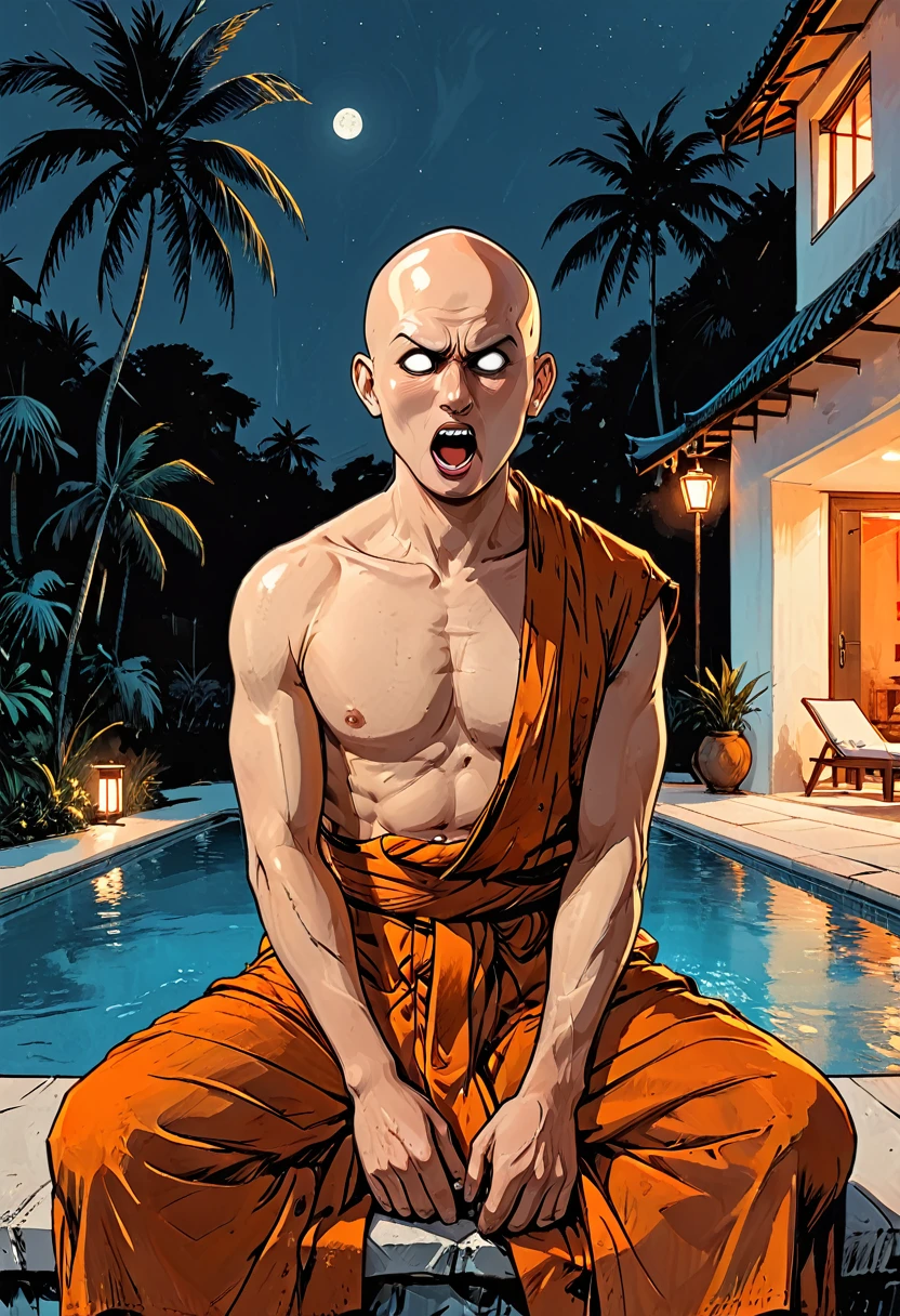 ((open mouth)),(night),portrait blind Buddhist monk sitting with open mouth next to the pool at the white hotel, tropical, palm, white hotel, pool, round face, white eyes, no eyebrows, no hair, bald, paw-eared, round cheeks, narrow lips, man, white sclera eyes, Whitewash Eyes, ((orange Kashaya)), graphic style of novel comics, perfect hands, 2d,
8k, hyperrealism, masterpiece, high resolution, best quality, ultra-detailed, super realistic, Hyperrealistic art, high-quality, ultra high res, highest detailed, lot of details, Extremely high-resolution details, incredibly lifelike, colourful, soft cinematic light,
